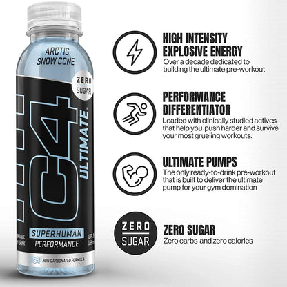 Cellucor C4 Ultimate Non-Carbonated Zero Sugar Energy Drink, Pre Workout Drink + Beta Alanine, 12 Fl Oz (Pack of 12)