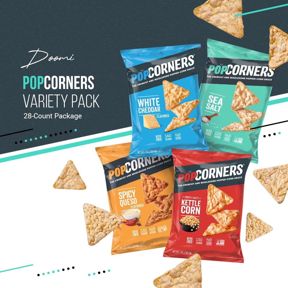 Pop-Corners Snacks Gluten Free Chips, 5 Flavor Variety Pack 28 Count 1 oz Bags Packaged By Doomi, Individual Snack Bags in Sea Salt, White Cheddar, Sweet & Salty, Cinnamon Crunch and Spicy Queso Flavors - Low-Calorie Popcorn Chips for Snacking Care P