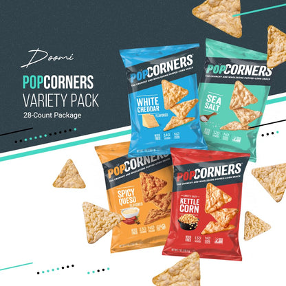 Pop-Corners Snacks Gluten Free Chips, 5 Flavor Variety Pack 28 Count 1 oz Bags Packaged By Doomi, Individual Snack Bags in Sea Salt, White Cheddar, Sweet & Salty, Cinnamon Crunch and Spicy Queso Flavors - Low-Calorie Popcorn Chips for Snacking Care P
