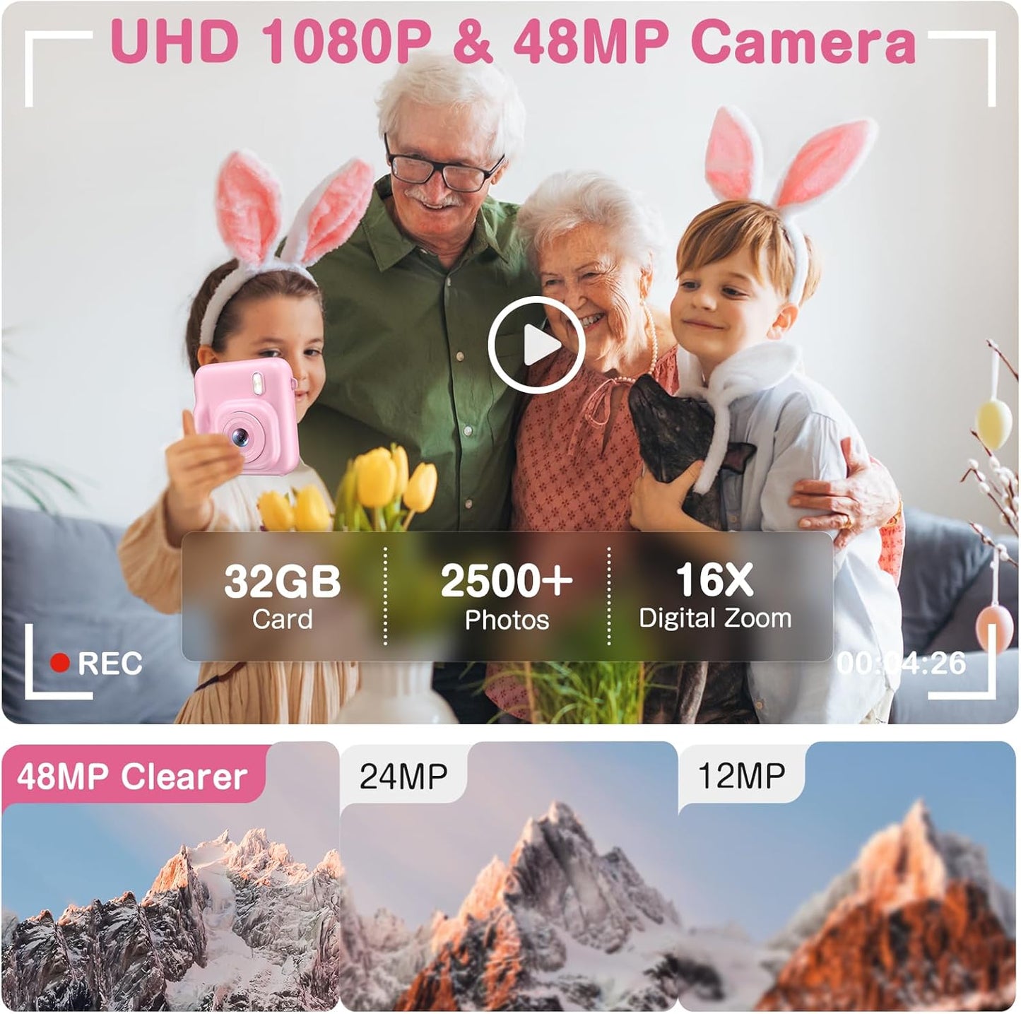 Kids Camera Instant Print, Dual-Lens 48MP Digital Camera for Christmas Birthday Gifts, 1080P Selfie Instant Cameras for Kids with 32GB Card, Instant Print Digital Camera for Girls Boys-Pink