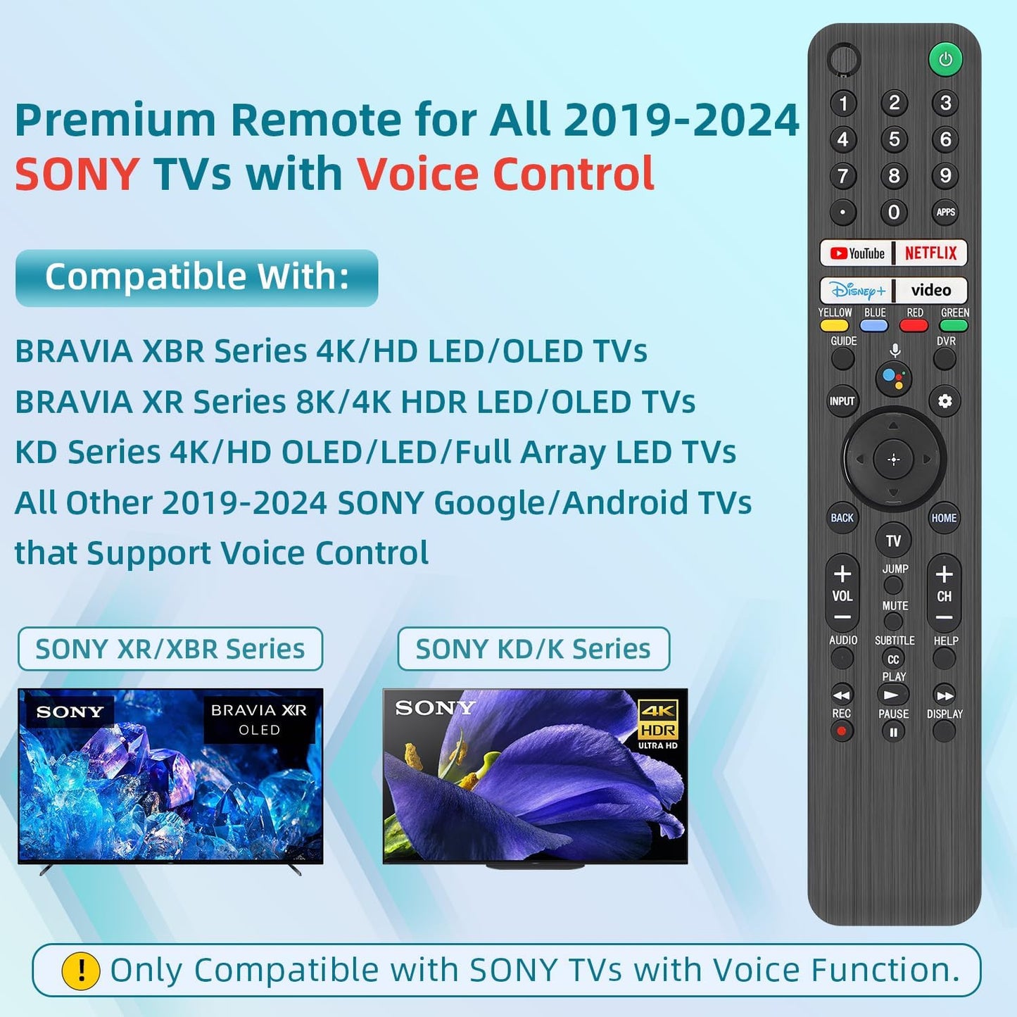 for Sony TV Remote Replacement, for All 2019-2024 Sony Remote for Sony Bravia TV Remote with Voice Command. for Sony Smart TV XR/XBR/KD/K Series 4K LED OLED Google/Android TVs. 1-Year Full Warranty.