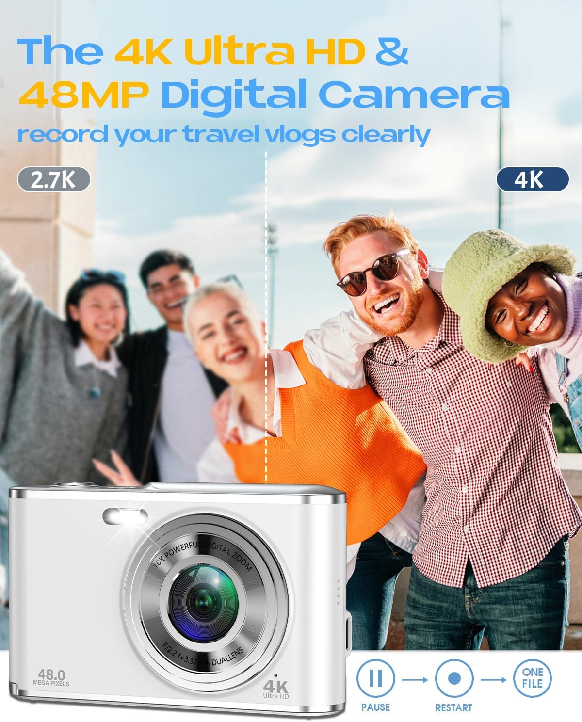 Digital Camera, UHD 4K Digital Camera with Front and Rear Camera, Autofocus 48MP 16X Digital Zoom Vlogging Camera with 32GB Card, 2.8 Inch Screen Compact Photo Shoot Camera for Beginners(White)
