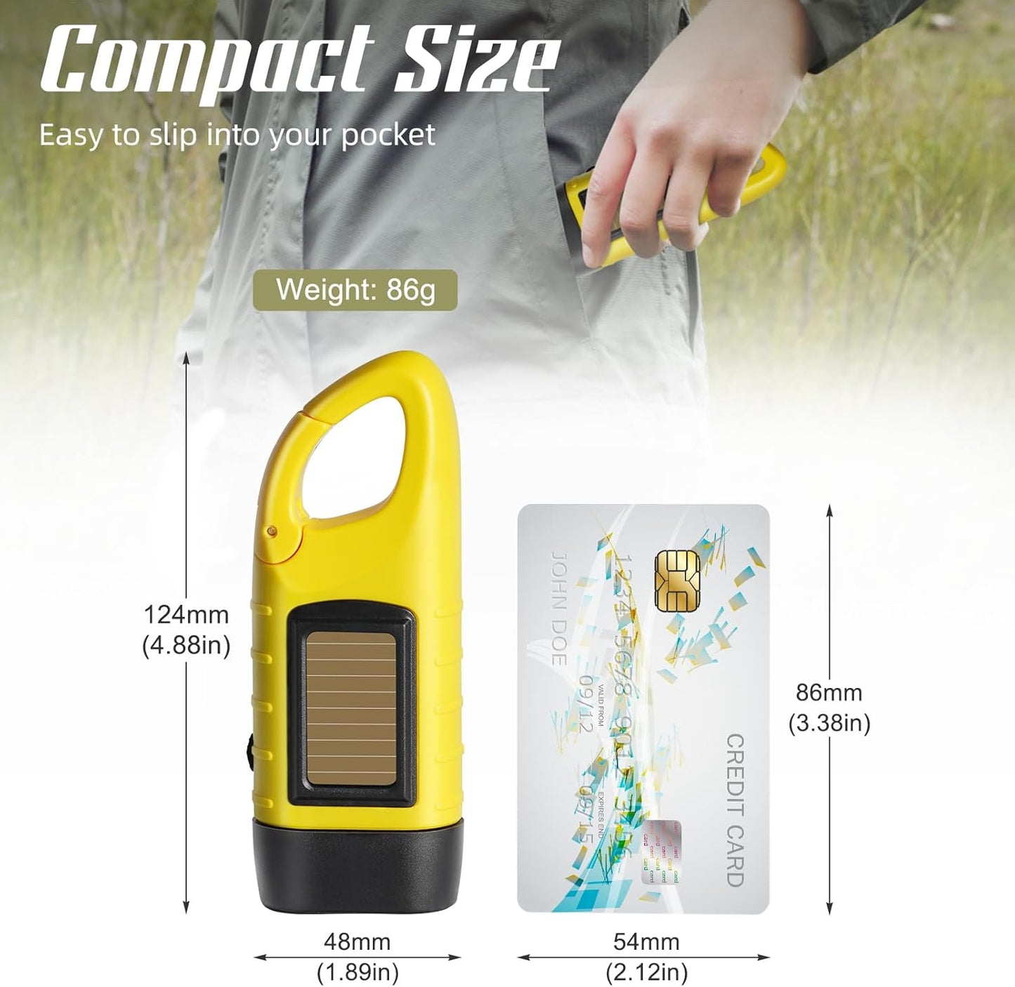 Hand Crank Solar Powered Flashlights,Compact Emergency Rechargeable LED Flashlight Handheld Survival Flashlight,Quick Snap Carbiner Dynamo Flashlight for Outdoor,Sports,Hiking (Yellow)