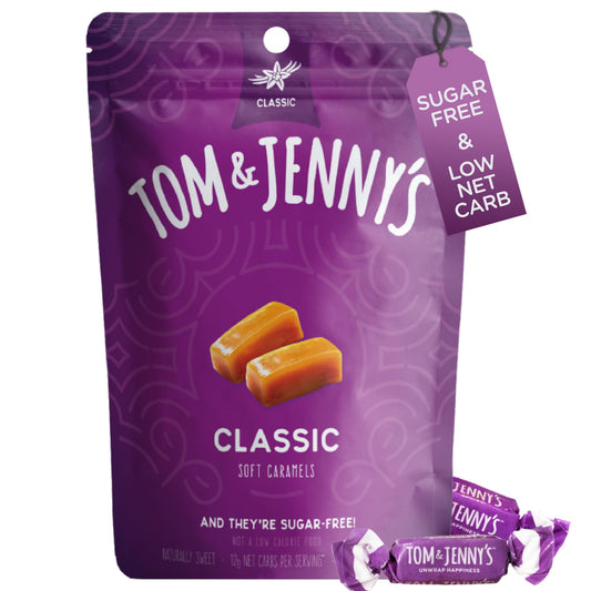 Tom & Jenny's Sugar Free Candy Soft Caramels Individually Wrapped - Sea Salt & Vanilla - Low Net Carb Zero Sugar Candy with Xylitol & Maltitol (Classic Chewy Sugar Free Caramel) Keto Candy 1 Pack