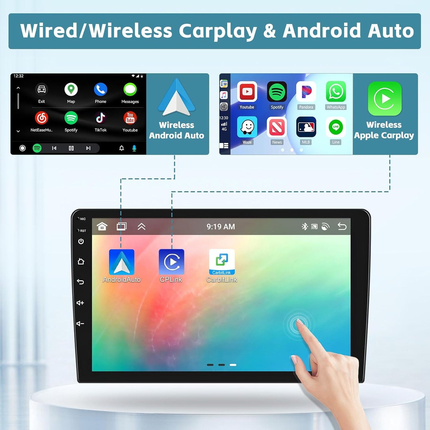 Hikity 6+128GB 8 Core Android 13 Double Din Car Stereo with Wireless Carplay Android Auto, 9 Inch IPS Touchscreen Radio Bluetooth 5.0, GPS, WiFi, 32EQ DSP, 59 UI Themes, Mic, AHD Backup Cam