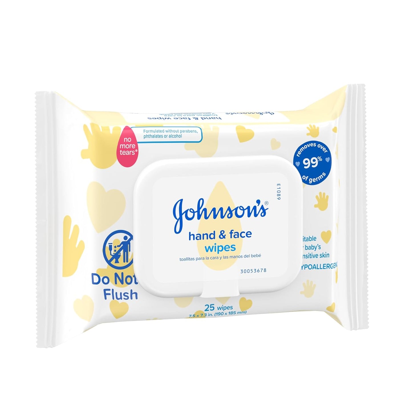 Johnson's Baby Disposable Hand & Face Cleansing Wipes, Pre-Moistened Disposable Baby Wipes Gently Remove 99% of Germs & Dirt from Delicate Skin, Hypoallergenic, 25 ct
