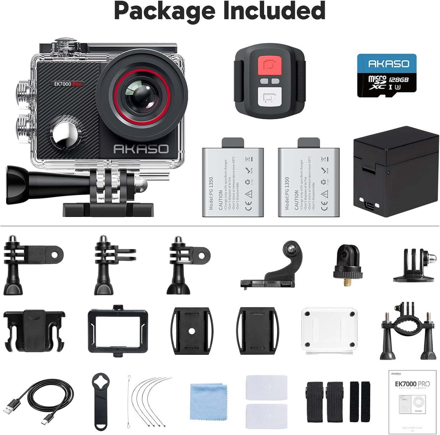 AKASO EK7000 Pro 4K30fps Action Camera with Touch Screen EIS 131ft Waterproof Camera Remote Control 5X Zoom Underwater Camera with Helmet Accessories Kit (with 128GB MicroSD Card)