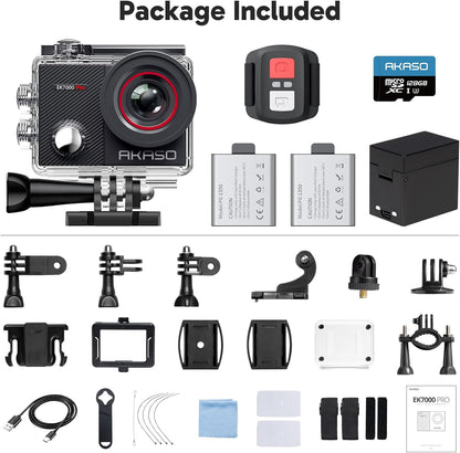 AKASO EK7000 Pro 4K30fps Action Camera with Touch Screen EIS 131ft Waterproof Camera Remote Control 5X Zoom Underwater Camera with Helmet Accessories Kit (with 128GB MicroSD Card)