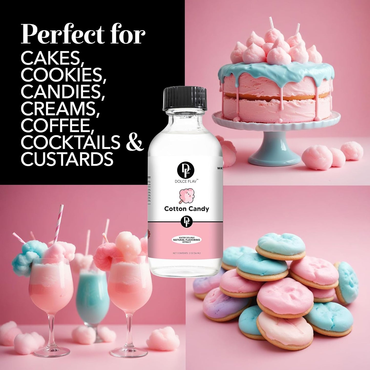 Dolce Flav Natural Cotton Candy Extract - 2 Ounce Water-Soluble Multipurpose Flavoring for Baked Goods, Beverages, Coffee, Desserts & Ice Cream - Perfect Kitchen Gift for Holidays