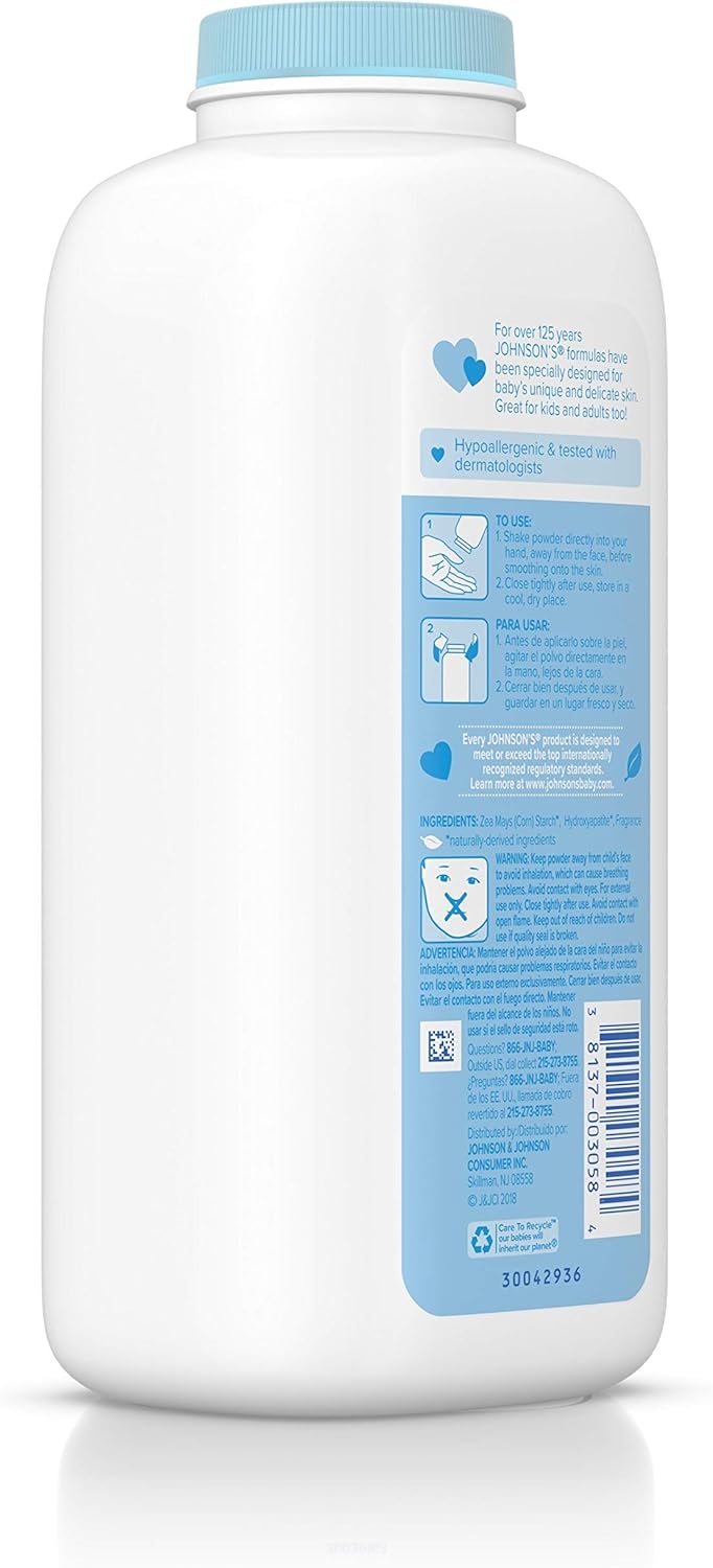 Johnson's Baby Powder, Naturally Derived Cornstarch with Aloe & Vitamin E for Delicate Skin, Hypoallergenic and Free of Parabens, Phthalates, and Dyes for Gentle Baby Skin Care, 15 oz