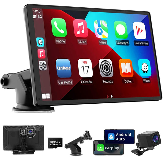 9 Inches Wireless Apple Carplay Touch Screen for car with 4K Dash Cam,Universal Wireless CarPlay Screen for Old Car,Portable Car Play & Android Auto Car Screen With1080p Backup Camera