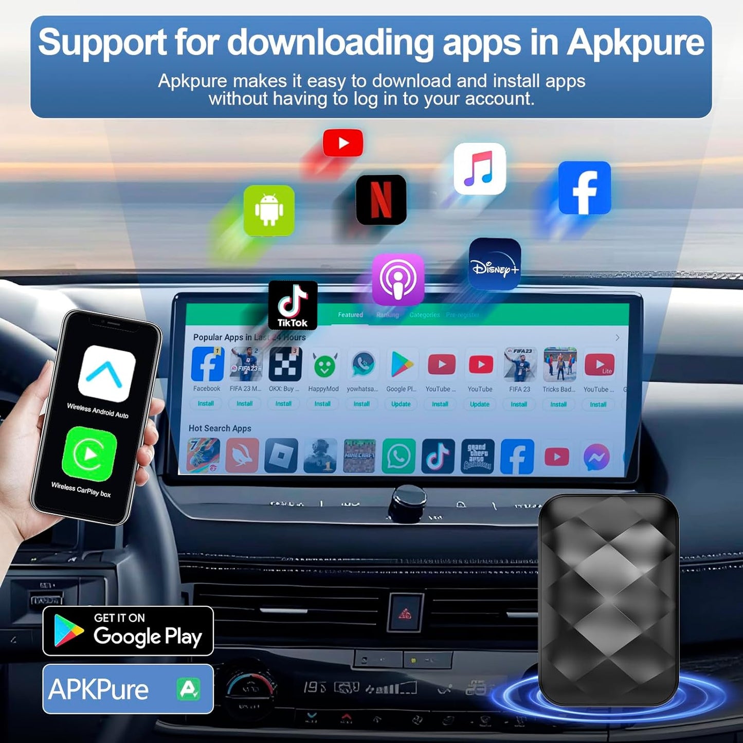 KE'VERSO Wireless CarPlay Adapter & Android Auto Wireless Adapter for iPhone,Magic carplay Ai Box Streaming Device for Cars with OEM Wired CarPlay, Magic Link CarPlay Support Netflix, YouTube, Hulu+