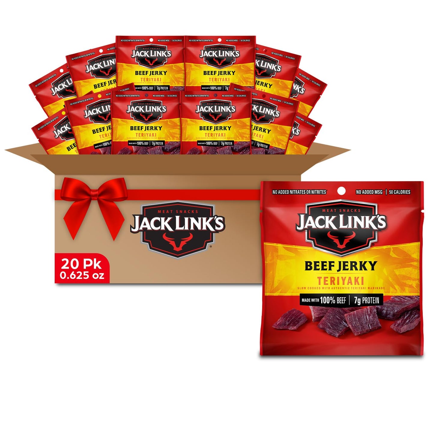 Jack Link's Beef Jerky, Teriyaki, Multipack Bags – Flavorful Meat Snacks for Lunches, Ready to Eat - Great Stocking Stuffers, Gifts for Men, 7g of Protein, Made with 100% Beef – 0.625 oz (Pack of 20)