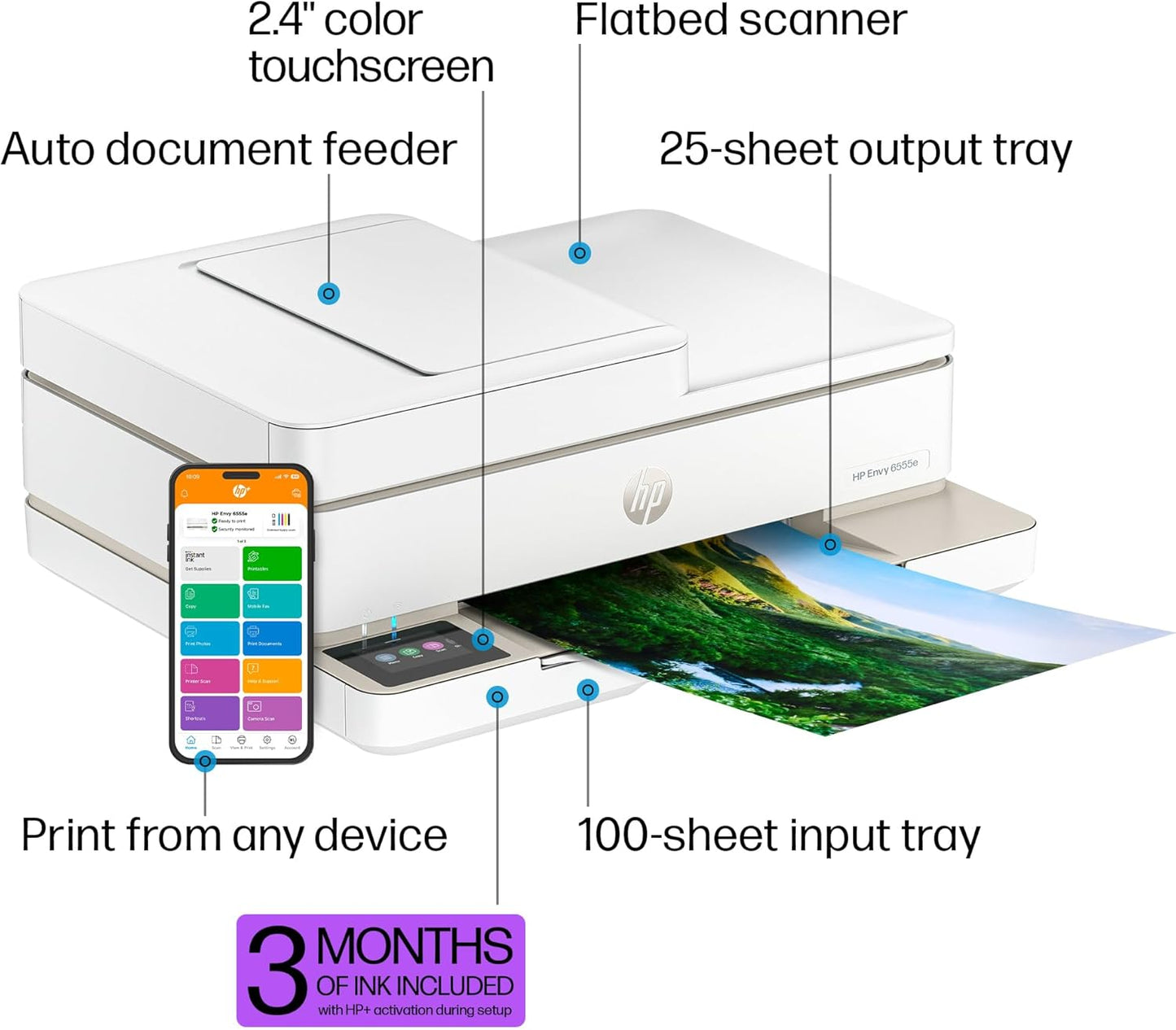 HP Envy 6555e Wireless All-in-One Color Inkjet Printer, Print, scan, Copy, Duplex Printing Best-for-Home, 3 Months of Ink Included (714N5A)