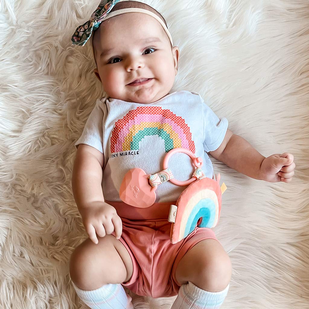 Itzy Ritzy Infant Toy & Teether - Itzy Pal Baby Teething Toy Includes Lovey, Crinkle Sound, Textured Ribbons & Silicone Teether Toy for Newborn (Rainbow)