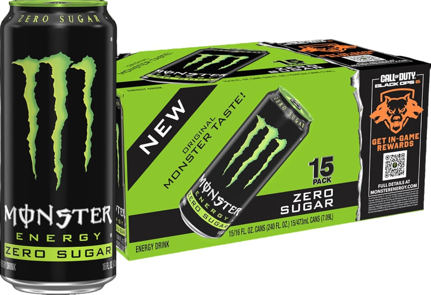 Monster Energy Zero Sugar, Green, Original, Low Calorie Energy Drink, 16 Fl Oz (Pack of 15)