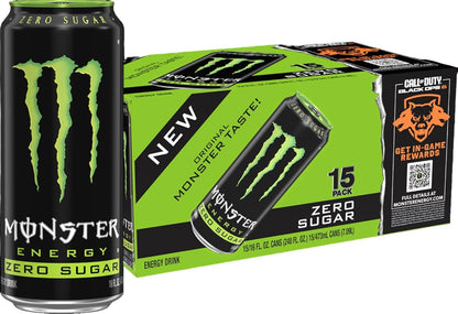 Monster Energy Zero Sugar, Green, Original, Low Calorie Energy Drink, 16 Fl Oz (Pack of 15)