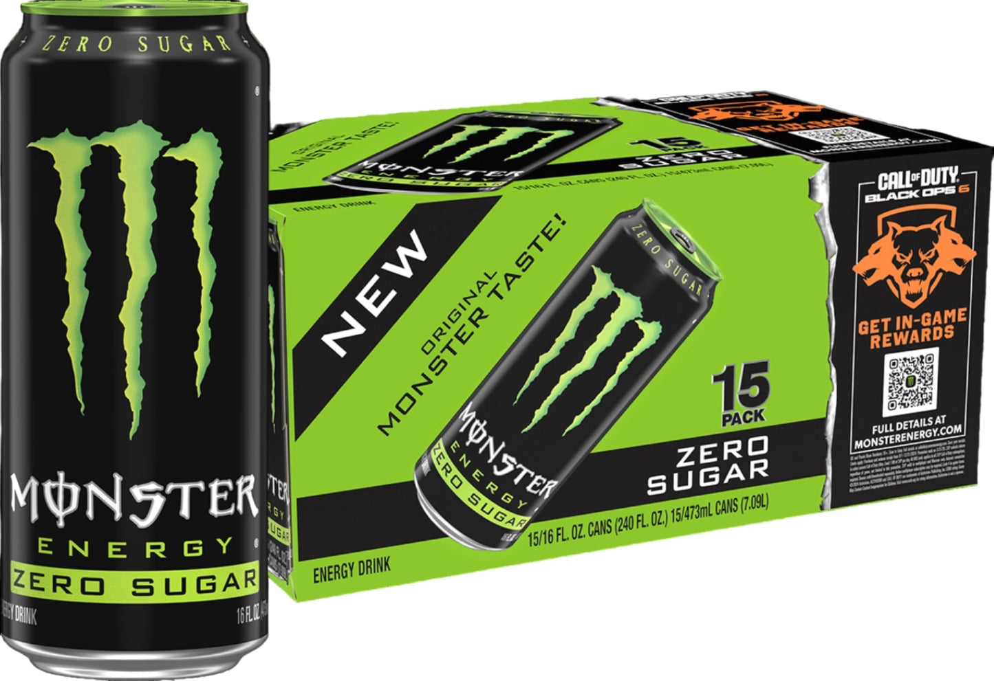 Monster Energy Zero Sugar, Green, Original, Low Calorie Energy Drink, 16 Fl Oz (Pack of 15)