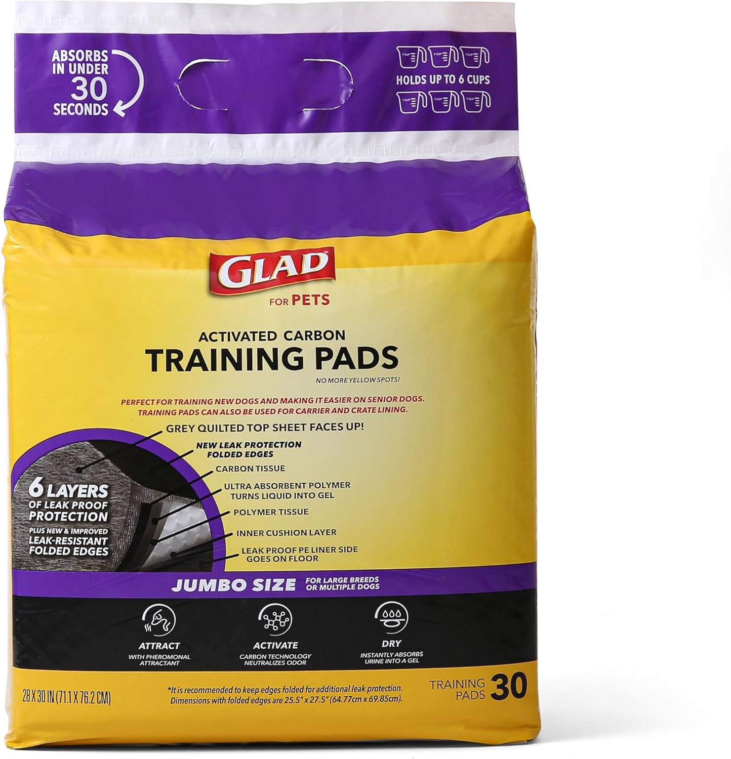Glad for Pets Extra Large Charcoal Dog Training Pads - Absorbent Disposable Pee Pads for Dogs, Cats & Puppies - Jumbo-Size Potty Pads that Neutralize Urine Instantly - 30 Count Pet Supplies