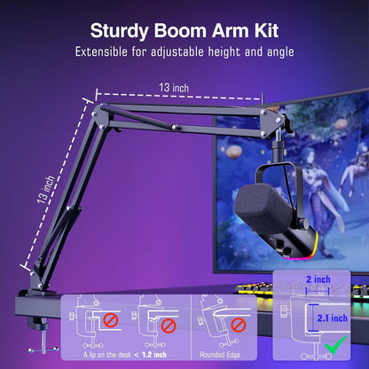 FIFINE XLR/USB Gaming Microphone Set, Dynamic PC Mic for Streaming Podcasting, Computer RGB Mic Kit with Boom Arm Stand, Mute Button, Headphones Jack, for Recording Vocal Voice-Over-AmpliGame AM8T