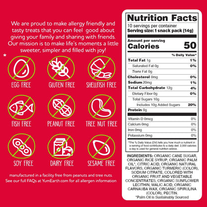 YumEarth Organic Giggles Chewy Candy - Allergy Friendly (Top 9 Free), No Artificial Dyes or Flavors, Non GMO, Gluten Free, Vegan - Individually Wrapped Fruity Snack Packs - 0.5 Ounce (Pack of 10)