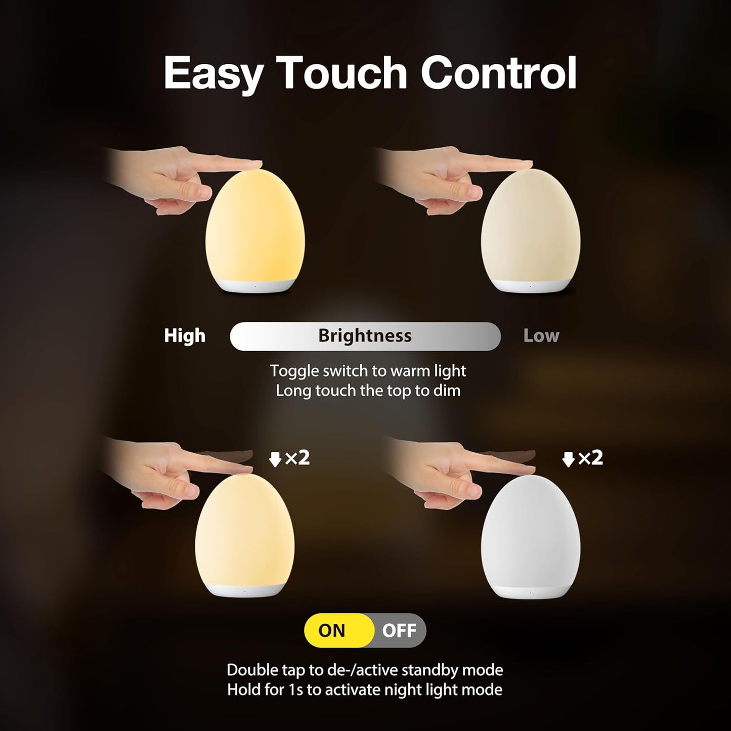 JolyWell Night Light for Kids, Egg Light for Nursery with 7 RGB Colors Changeable & Stepless Dimming, Rechargeable Tap Light with 1h Timer & Touch Control, Portable Night Light for Babies BPA Free