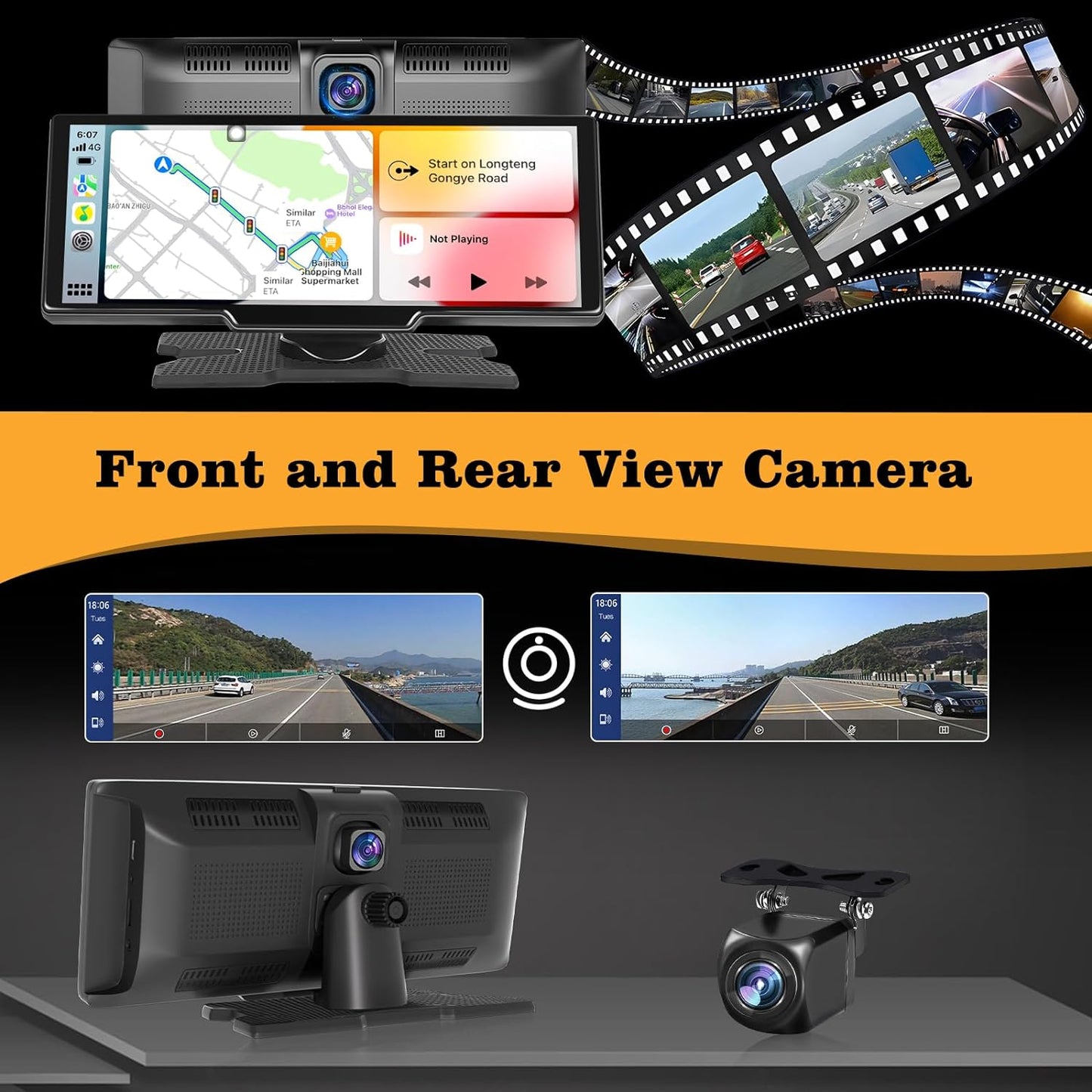 Hikity Wireless Carplay Touchscreen with 2.5K Dash Cam, 9.3 Inch Portable Android Auto CarPlay Unit Car Radio with 1080P Backup Camera 64G TF WiFi Video Airplay Voice Control