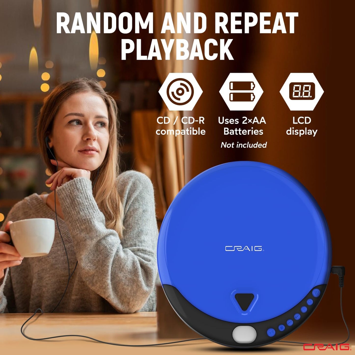 Craig CD2808-BL Personal CD Player with Headphones in Blue and Black | Portable and Programmable CD Player | CD/CD-R Compatible | Random and Repeat Playback Modes |