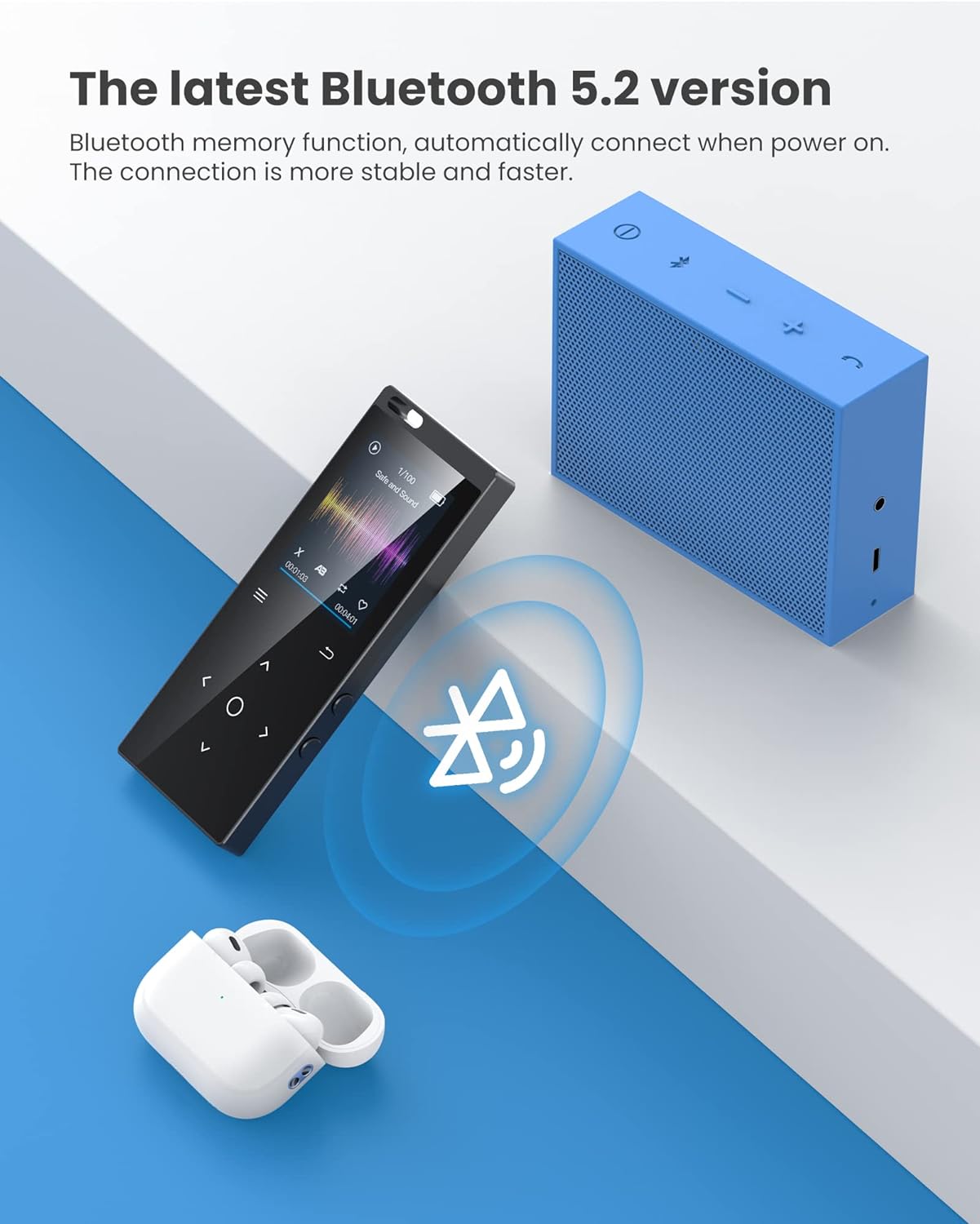 128GB MP3 Player with Bluetooth: Portable Music Player for Kids HiFi Sound Shuffle Single Loop FM Radio Built-in HD Speaker Voice Recorder Mini Design Ideal for Sport (Earphones Included)