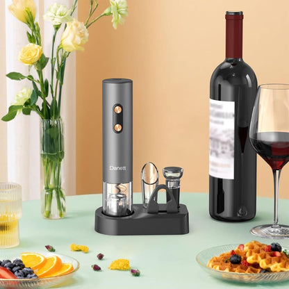 Automatic Electric Wine Opener Gift Set 5in1, Electric Wine Bottle Corkscrew+Foil Cutter+Pourer+Vacuum Stoppers+Base,AL alloy body+Rose gold Buttons Anti-fingerprint,Blue Light Bin-Grey