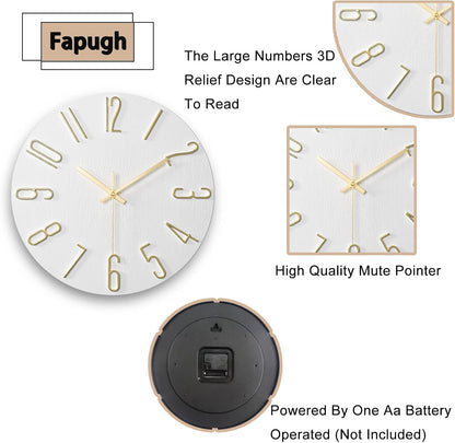 12 Inch Wall Clock Silent Non Ticking, Preciser Modern Style Decor Clock for Home, Office, School, Kitchen, Bedroom, Living Room (White)