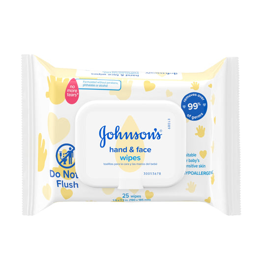 Johnson's Baby Disposable Hand & Face Cleansing Wipes, Pre-Moistened Disposable Baby Wipes Gently Remove 99% of Germs & Dirt from Delicate Skin, Hypoallergenic, 25 ct