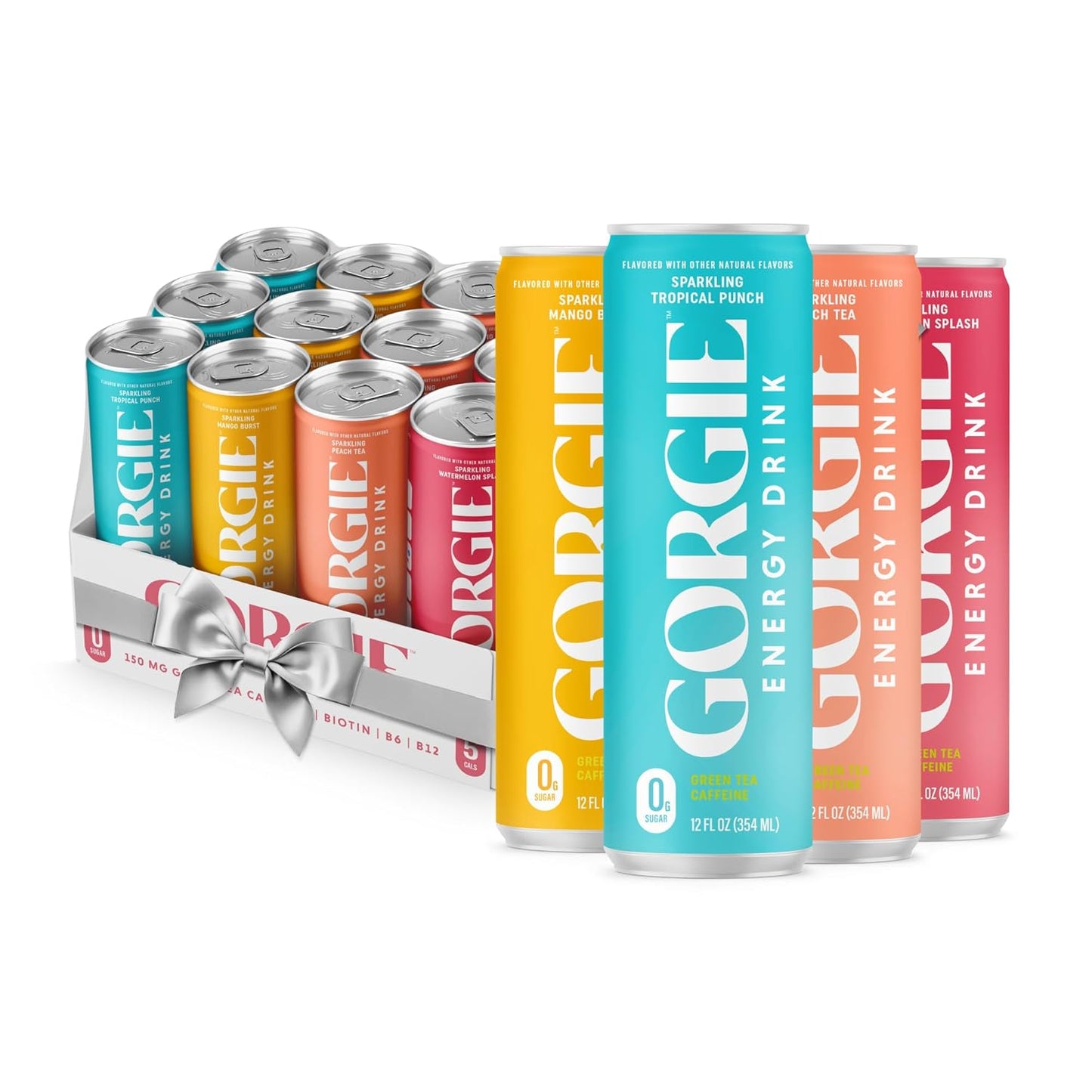 GORGIE Bestsellers Variety, Sugar-Free Natural Energy Drink Sparkling, Healthy Energy Drinks - Green Tea, Biotin, B Vitamins -150mg Caffeine, Vegan, & Low Calorie (Pack of 12)