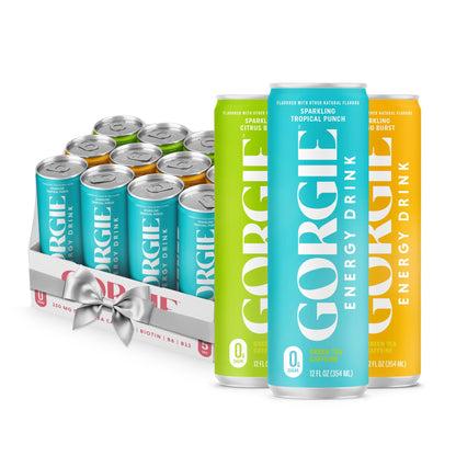 GORGIE Tropical Variety, Sugar-Free Natural Energy Drink Sparkling, Healthy Energy Drinks - Green Tea, Biotin, B Vitamins -150mg Caffeine, Vegan, & Low Calorie (Pack of 12)