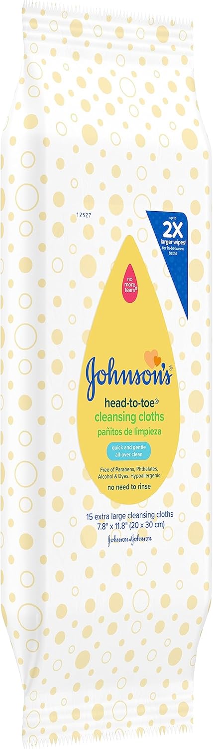 Johnson's Head-to-Toe Gentle Baby Cleansing Cloths, Hypoallergenic and Pre-Moistened Baby Bath Wipes, Free of Parabens, Phthalates, Alcohol, Dyes and Soap, 15 ct