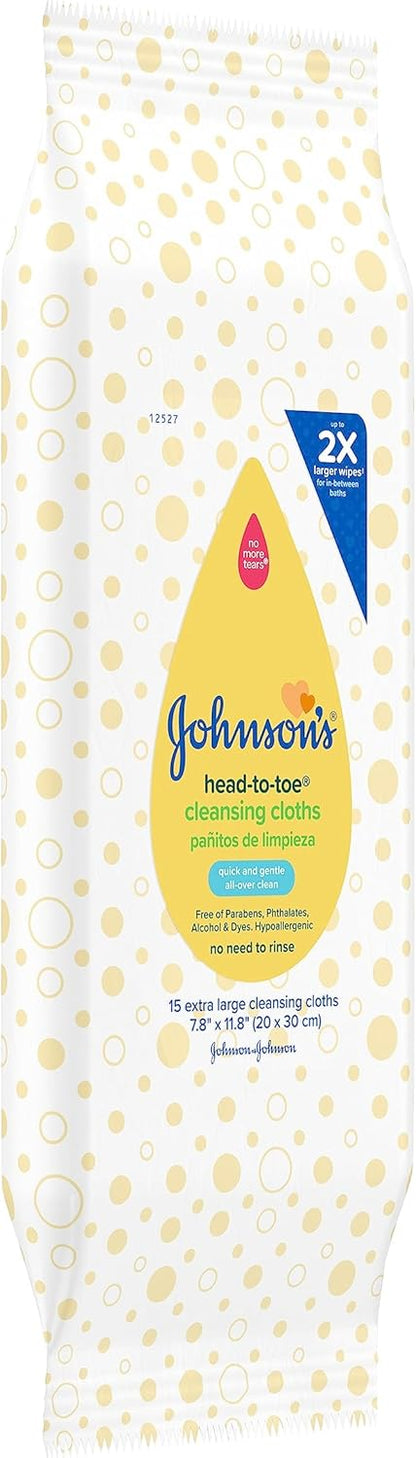 Johnson's Head-to-Toe Gentle Baby Cleansing Cloths, Hypoallergenic and Pre-Moistened Baby Bath Wipes, Free of Parabens, Phthalates, Alcohol, Dyes and Soap, 15 ct