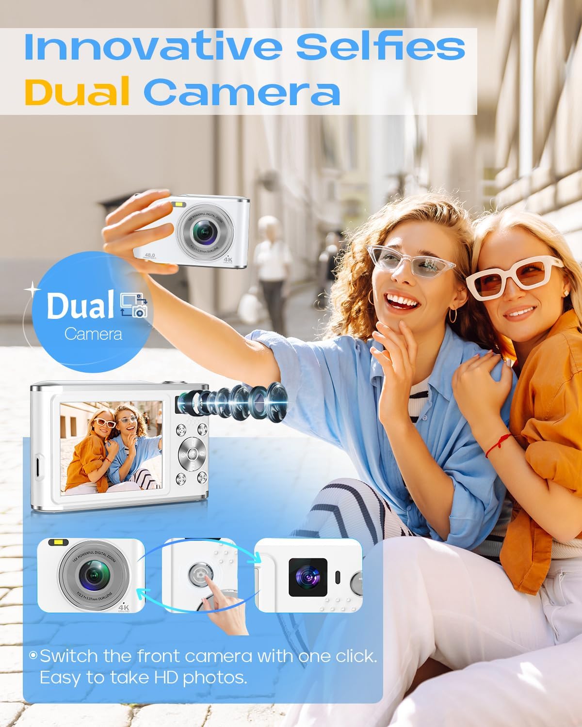 Digital Camera, UHD 4K Digital Camera with Front and Rear Camera, Autofocus 48MP 16X Digital Zoom Vlogging Camera with 32GB Card, 2.8 Inch Screen Compact Photo Shoot Camera for Beginners(White)
