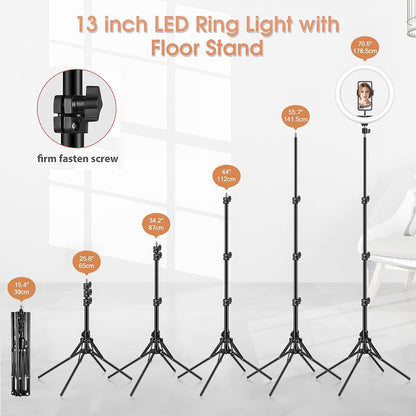 13 inch Ring Light with Floor Stand(Ringlight Kit Totally 70.6" Tall), LED Circle Light with Phone Holder, for Photo Selfie, Video Recording, Zoom Meeting