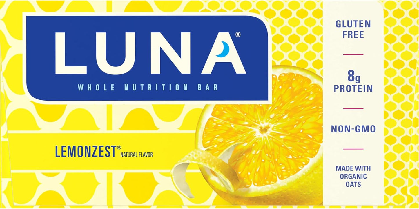 LUNA Bar - LemonZest Flavor - Gluten-Free - Non-GMO - 7-9g Protein - Made with Organic Oats - Low Glycemic - Whole Nutrition Snack Bars - 1.69 oz. (12 Pack)