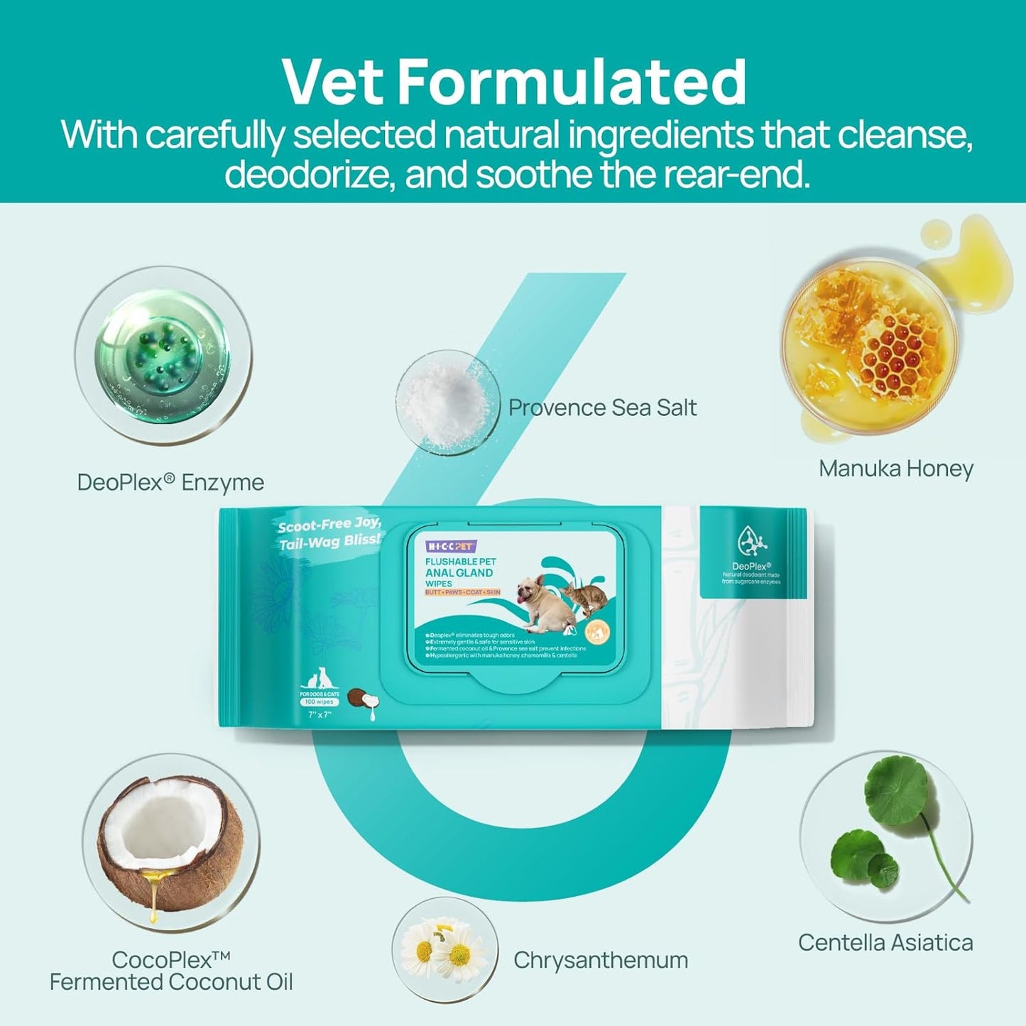 HICC PET Wipes for Dogs & Cats, Cleansing Deodorizing & Soothing Allergy Infections Anal Gland Pets Wipes with Coconut Oil - Dog Grooming Wipes for Butt and Paw - Hypoallergenic & Vet Recommended