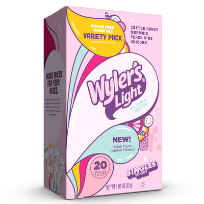 Wyler's Light Singles to Go Powder Packets, Water Drink Mix, Variety Pack, Watertok Fun Flavors, Cotton Candy, Mermaid, Peach Ring, Unicorn, Sugar & Caffeine Free, On-The-Go, 20 Count (Pack - 1)
