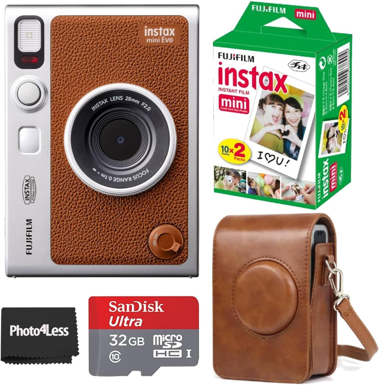 Fujifilm Instax Mini EVO Hybrid Brown Instant Camera | Fuji Instax Mini Twin Pack Instant Film | 32GB microSD | Camera Case - Bundle