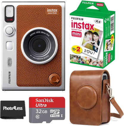 Fujifilm Instax Mini EVO Hybrid Brown Instant Camera | Fuji Instax Mini Twin Pack Instant Film | 32GB microSD | Camera Case - Bundle