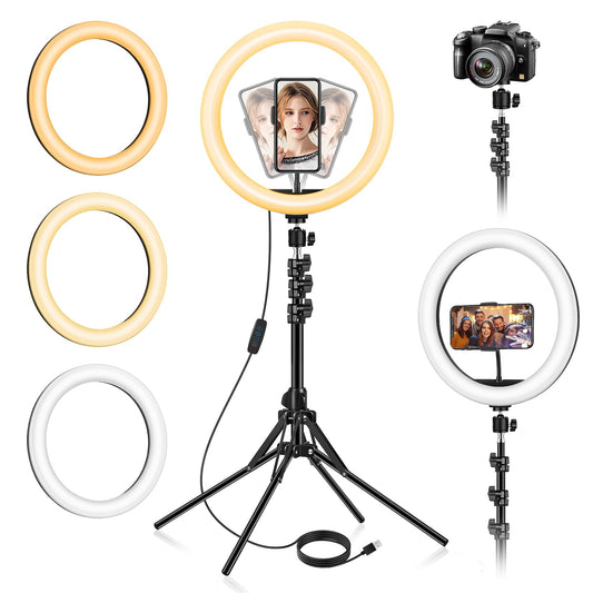13 inch Ring Light with Floor Stand(Ringlight Kit Totally 70.6" Tall), LED Circle Light with Phone Holder, for Photo Selfie, Video Recording, Zoom Meeting