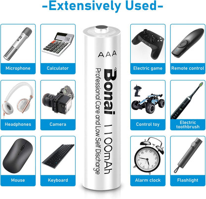 BONAI Rechargeable AAA Batteries • 1100 mAh • NiMH High-Capacity • Recharge up to 1200x • 16-Pack Pre-Charged