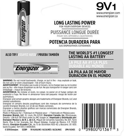 Energizer MAX 9V Batteries (1 Pack), 9 Volt Alkaline Batteries