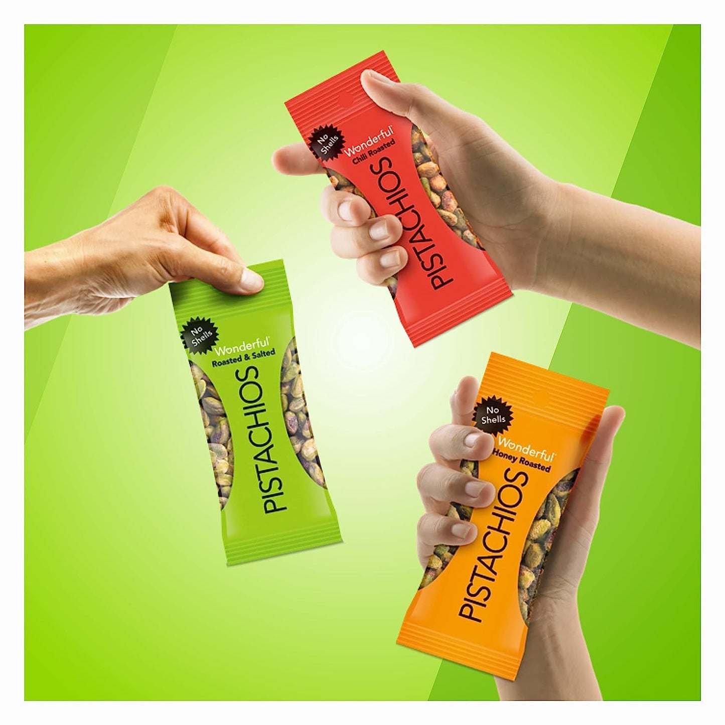 Wonderful Pistachios No Shells, 3 Flavors Mixed Variety Pack of 9 (0.75 Ounce), Roasted & Salted Nuts (4), Chili Roasted (3), Honey Roasted (2), Protein Snacks, Stocking Stuffers , Individually Wrapped Healthy Snacks