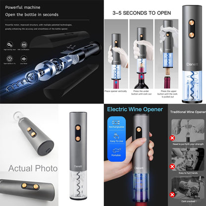 Automatic Electric Wine Opener Gift Set 5in1, Electric Wine Bottle Corkscrew+Foil Cutter+Pourer+Vacuum Stoppers+Base,AL alloy body+Rose gold Buttons Anti-fingerprint,Blue Light Bin-Grey