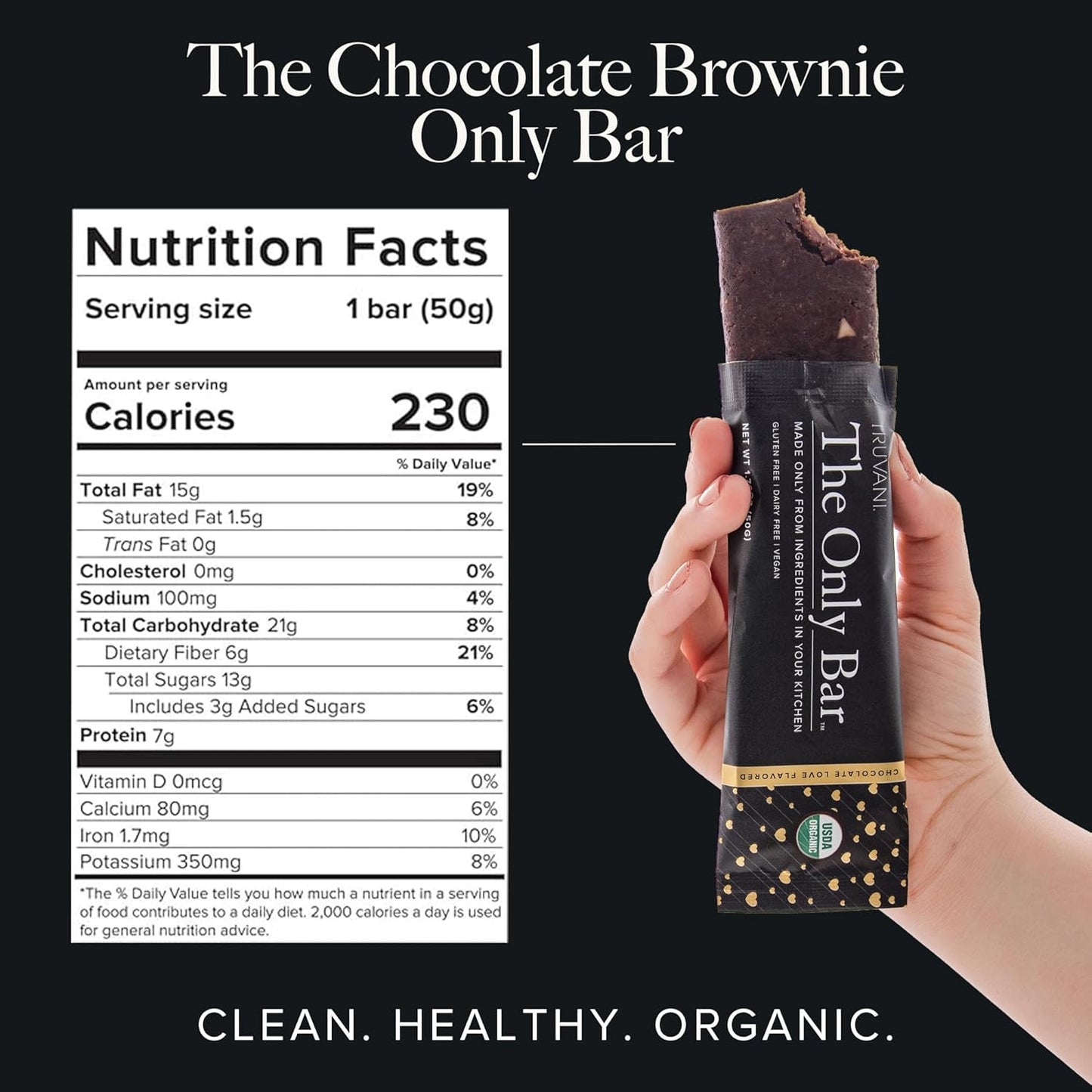 Truvani Plant Based Snack Bar | Chocolate Brownie Single Bar | 7g Protein | USDA Organic and Vegan | The Only Bar | Dairy, Soy, and Gluten Free | Individually Wrapped