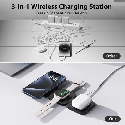 Fast Wireless Charger, Magnetic Foldable 3 in 1 Charging Station for iPhone 16/15/14/13/12/Pro/Plus/Pro Max, 5W Portable Charger for Apple Watch9/8/7/6/5/4/3/SE, for Airpods3/2/Pro-Black